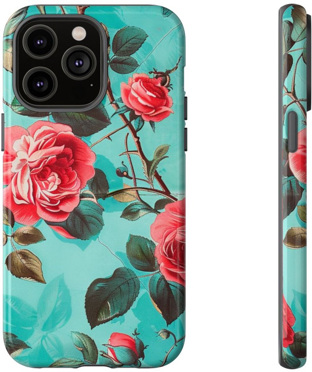Rode Rozen op Turquoise Achtergrond – Telefoonhoesje Geschikt voor iPhone 14 Pro Max