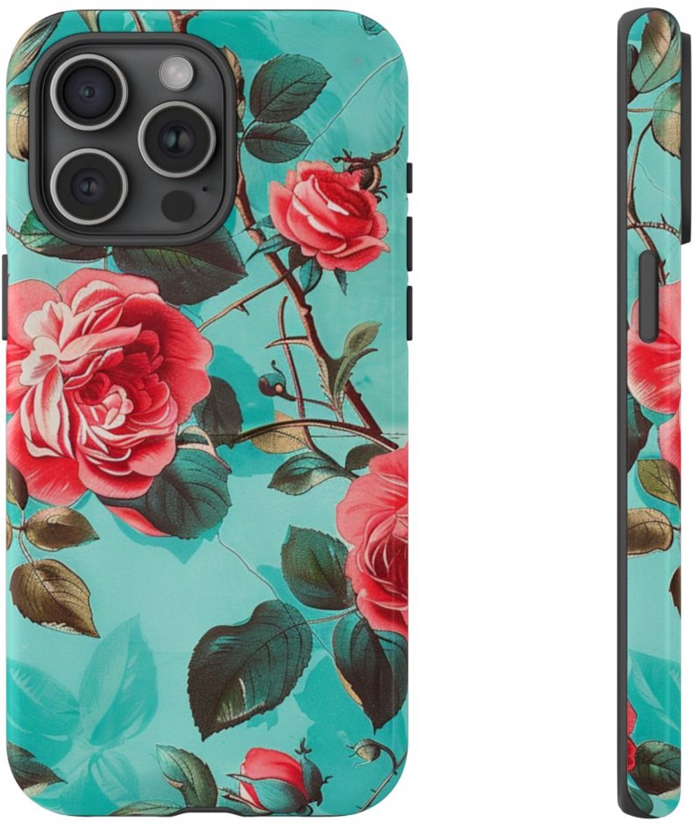 Rode Rozen op Turquoise Achtergrond – Telefoonhoesje Geschikt voor iPhone 15 Pro Max
