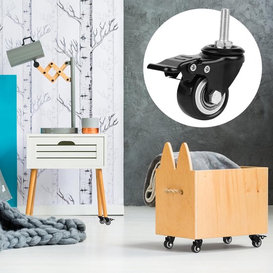 LALAGO Wheels with brake, M8 x 25 mm, castors for furniture (2 with brake + 2 swivel), 40 mm furniture wheels with brake, castors with brake, castors with thread, load capacity 50 kg per wheel van LALAGO — afbeelding 3