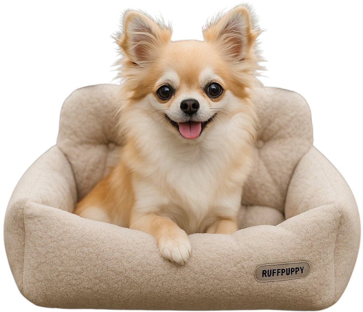Dutchers® Hondenautostoel Teddy – Veilige Huisdierdrager met Riem - Automand - Hond Autogordel – Teddystof Reiskennel voor Kleine Honden & Katten - Autozitje Hond – 35x44cm – Beige