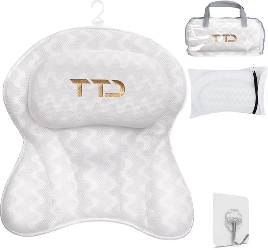 Wit badkussen met TTD logo, waszak, reistas en ophanghaak.