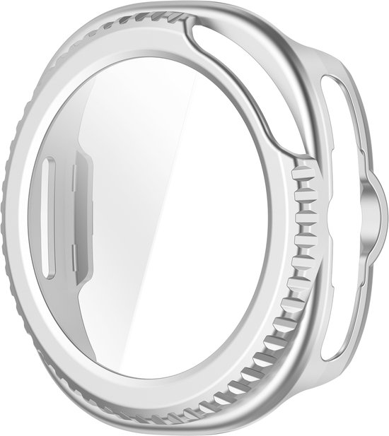 Zilverkleurig hoesje met een geïntegreerde screenprotector voor Samsung Galaxy Watch 8 Classic 46mm. Zonder de horlogekast.