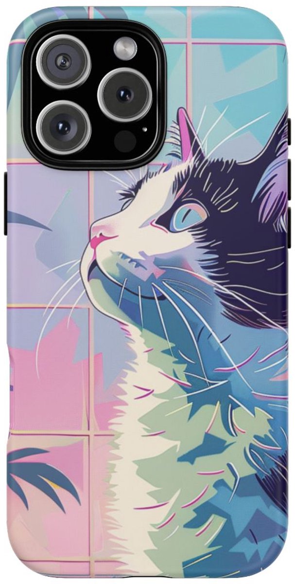 Kleurrijke Kat met Tropische Bladeren – Telefoonhoesje Geschikt voor iPhone 16 Pro Max