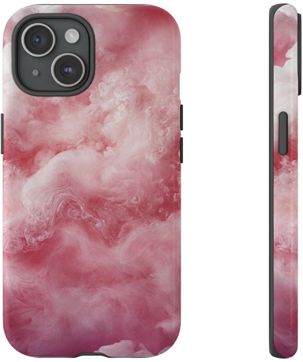 Roze en Witte Wolkenstructuur – Glanzend Stevig Telefoonhoesje Geschikt voor iPhone 15
