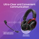 Zwarte gaming headset met rode accenten, met afneembare microfoon.