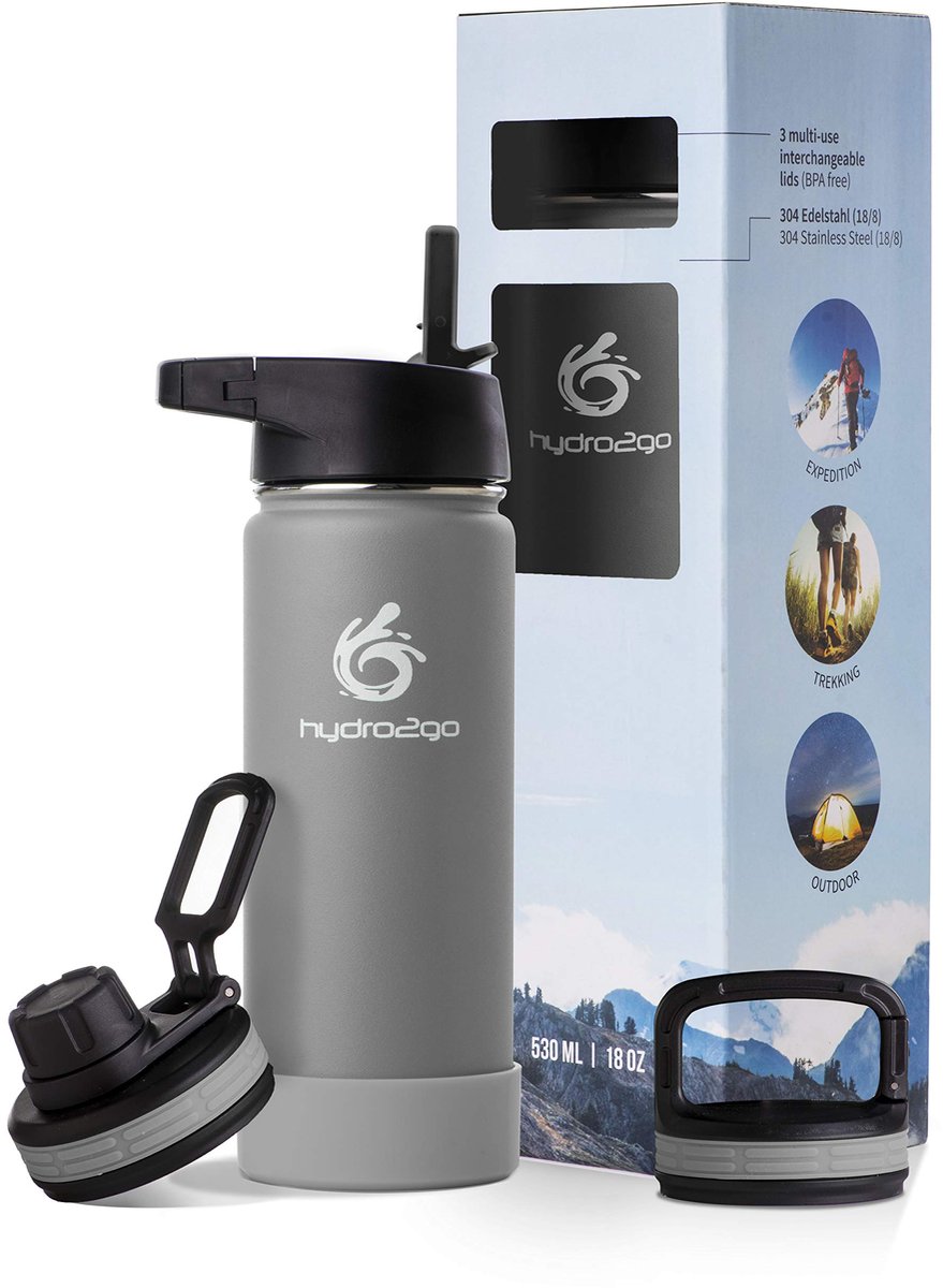 hydro2go® RVS drinkfles 500 ml – Grijs – Thermos – 12u warm / 24u koud – 3 doppen – lekvrij – BPA-vrij