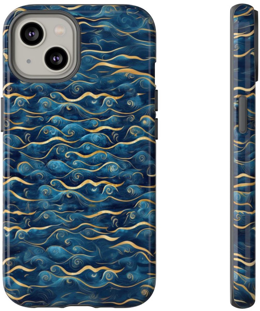Blauw-Gouden Golfpatroon – Glanzend Stevig Telefoonhoesje Geschikt voor iPhone 14