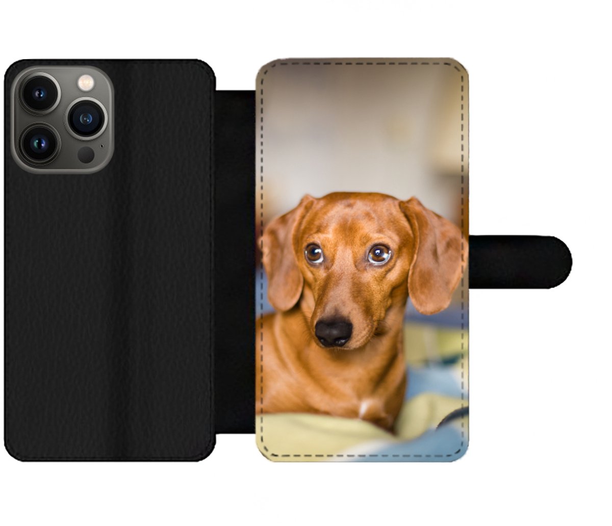 Telefoonhoesje Geschikt voor iPhone 13 Pro Max telefoonhoesje - Teckel die op een bed ligt - Met vakjes - Wallet case met magneetsluiting