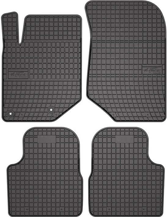 Set van 4 zwarte rubberen automatten met wafelpatroon. Merknaam 'Frogum' zichtbaar op twee matten.
