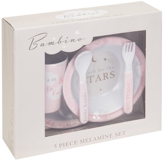 Ontbijt set servies 5 delig baby kinderen melamine roze reach for the stars van Bambino by Juliana