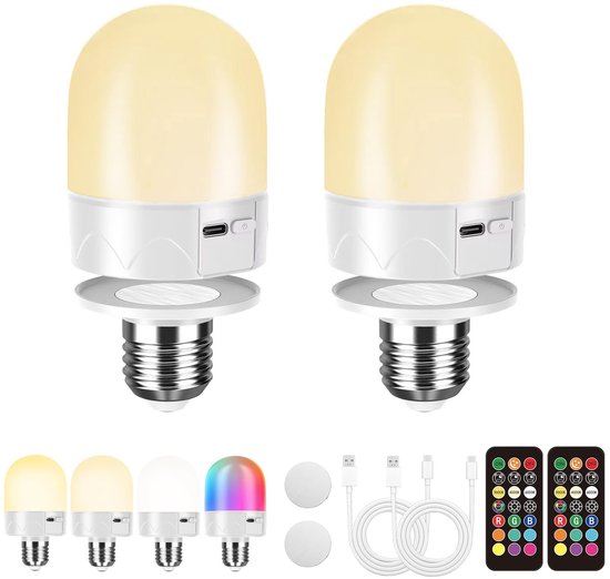 Twee E27-lampen, één met regenboogkleuren, met USB-kabels, afstandsbedieningen en magnetische schijven.
