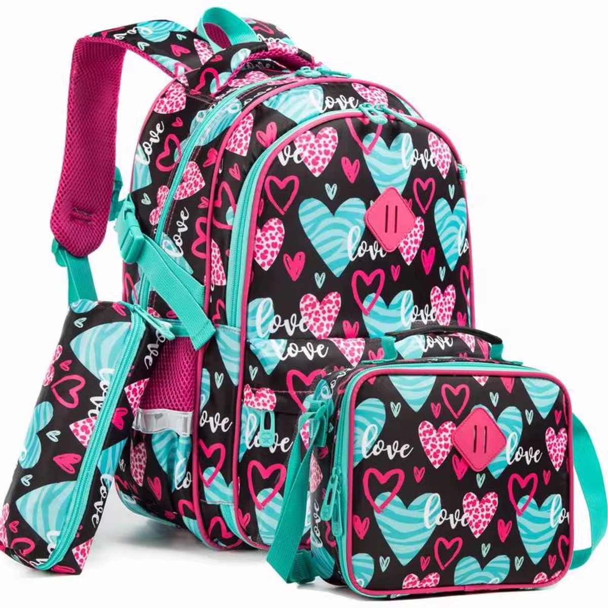 Ultiluxe® Rugzak set met hartjes - Zwart/roze/groen - Met lunchtas en etui - 30 x 43 x 13 cm - Schoolrugzak voor meiden - Schoolset 3-delig - Rugtas voor kinderen - Schooltas met hartjesprint voor meisjes