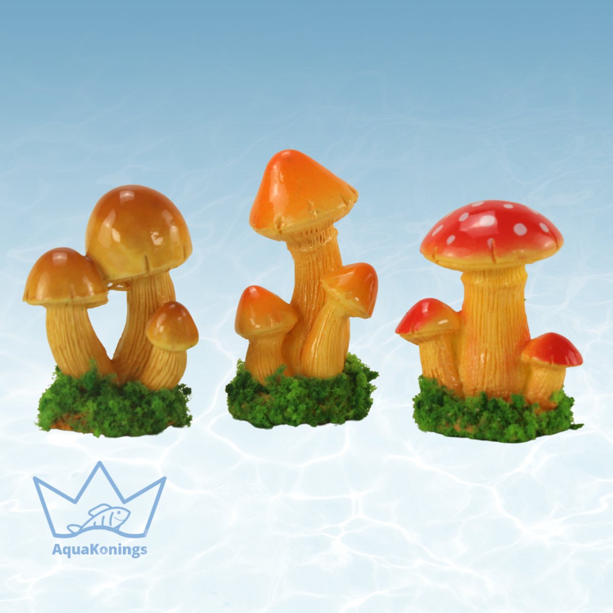 AquaKonings - Aquarium decoratie - Aquarium kunst planten - Nepplanten -Kunstplant - Paddenstoelen set - Set 3 stuks - 3x4x4