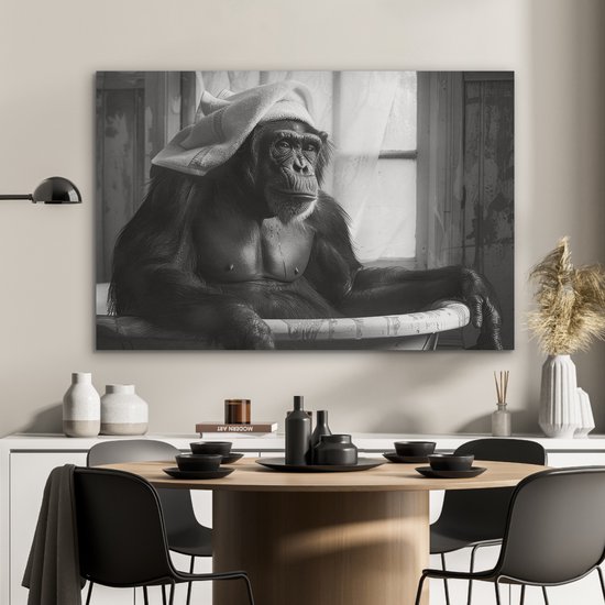 Akoestisch wandpaneel 100x70 cm - Vilt schilderij Aap - Dier - Bad - Zwart - Wit - Humor - Akoestische panelen - Geluidsdempende wanddecoratie - Geluidsisolatie woonkamer - Muurdecoratie geluidspanelen