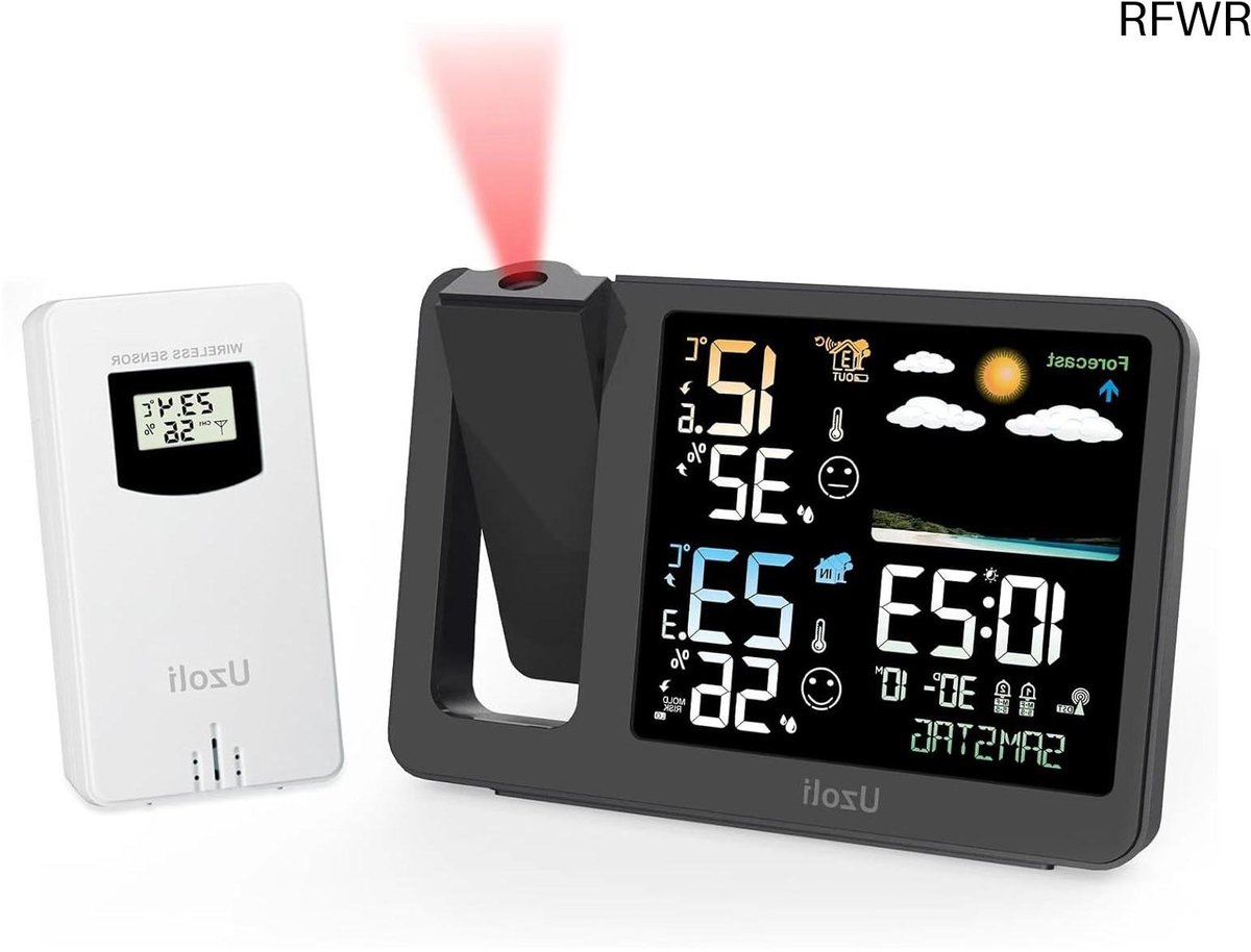 RFWR® Digitale Projectieklok met Weersvoorspelling, Thermometer, Hygrometer en Radiogestuurde Klok voor Binnen en Buiten