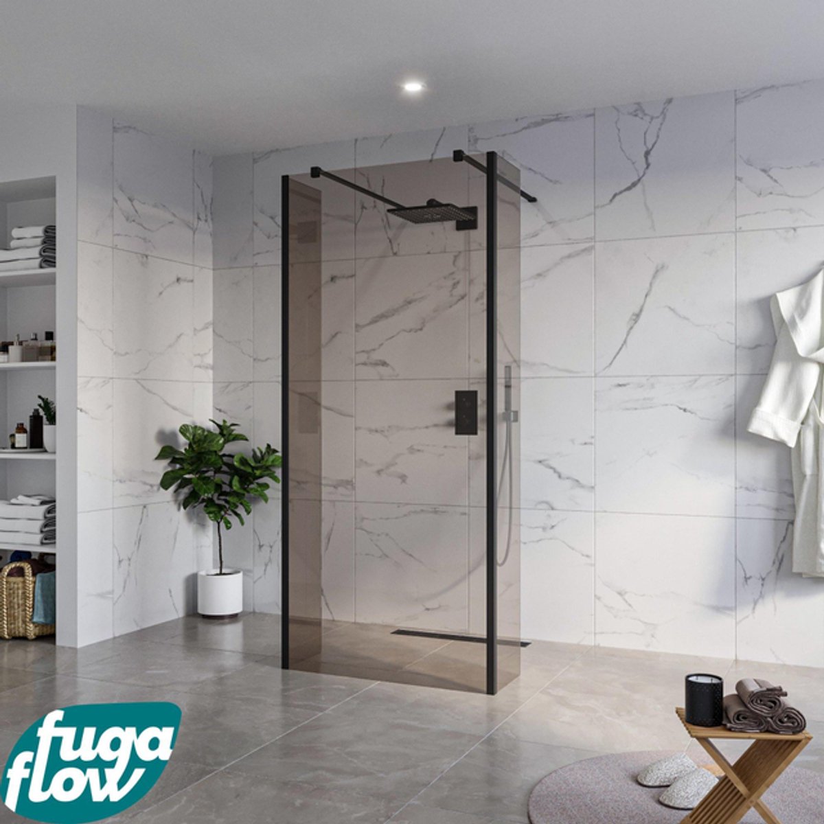 FugaFlow Eccelente Vetro Vrijstaande inloopdouche badkamer - 90x200cm - Rookglas - antikalk - 8mm veiligheidsglas - 2 zijwanden 40cm - met wandarmen en hoekprofielen - Zwart mat -