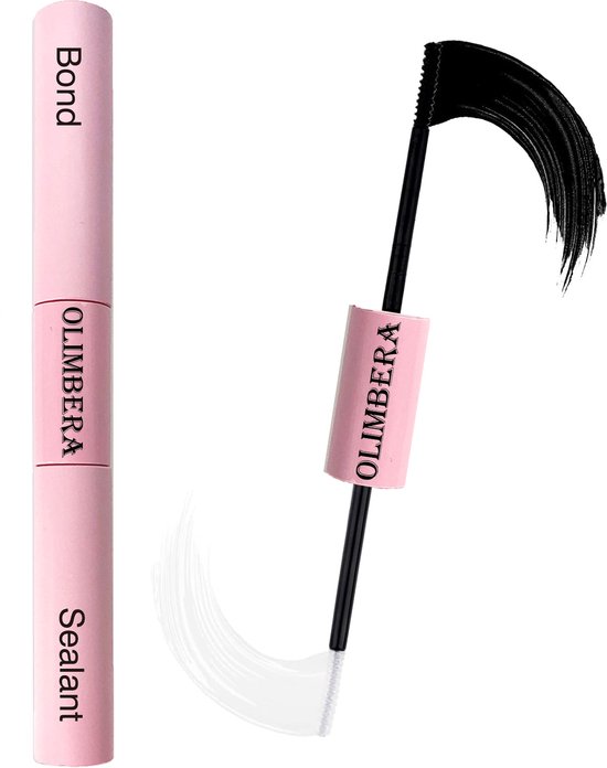 Roze mascara met een zwarte applicator voor bond en een witte applicator voor sealant.