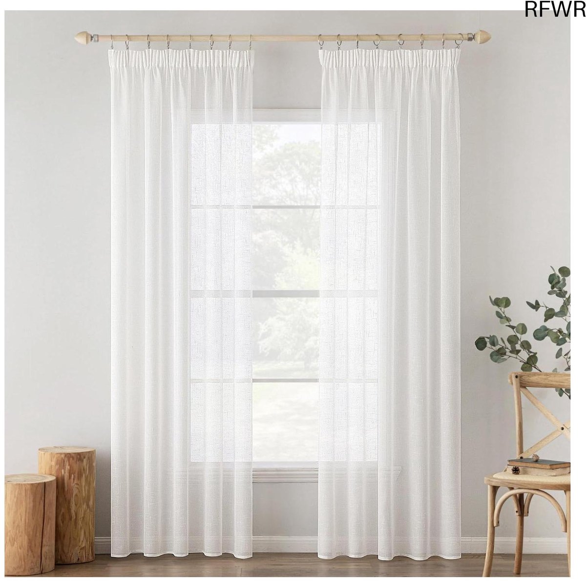 RFWR Transparante gordijnen voor binnen, plooiband, 2 panelen, 140 x 245 cm, modern huis Wit