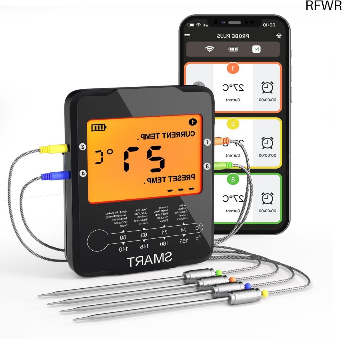 RFWR® Draadloze digitale BBQ-thermometer met 4 sondes voor perfecte vleesbereiding