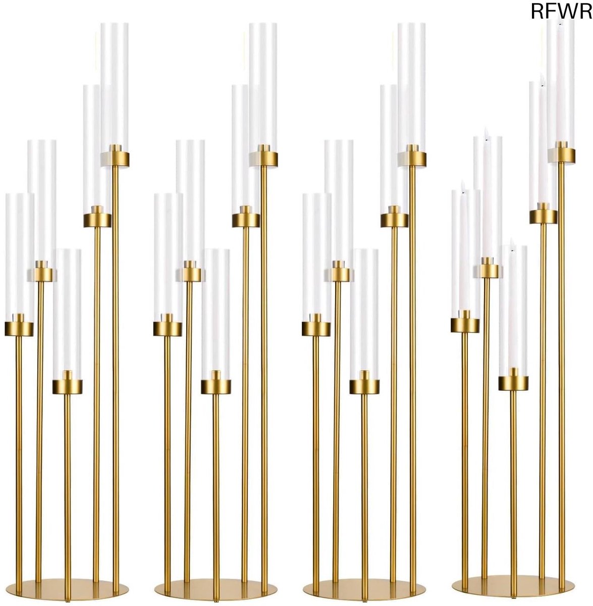 RFWR Vloerkandelaar 5-armig met acryl lampenkappen 106 cm - Gouden hoge kaarsenhouder voor bruiloften en decoratie Gold