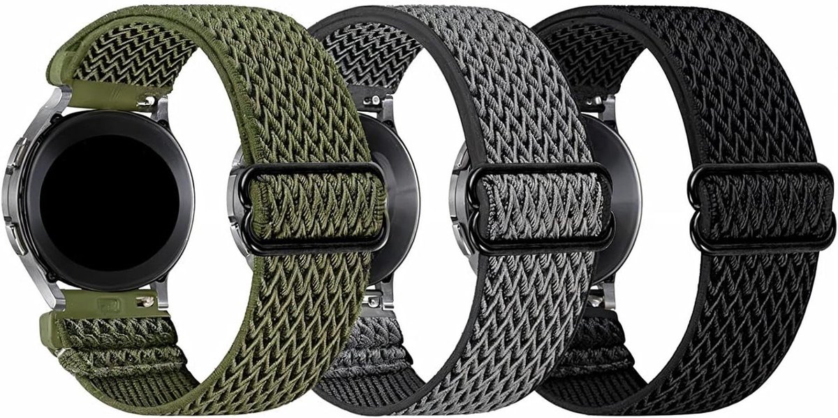 Allecto Plus - Elastisch Nylon Horlogebandje 22mm - Set van 3 - Verstelbaar - Sportief design - Vervangende Polsband - Metaal Lugs - Zonder Edelsteen