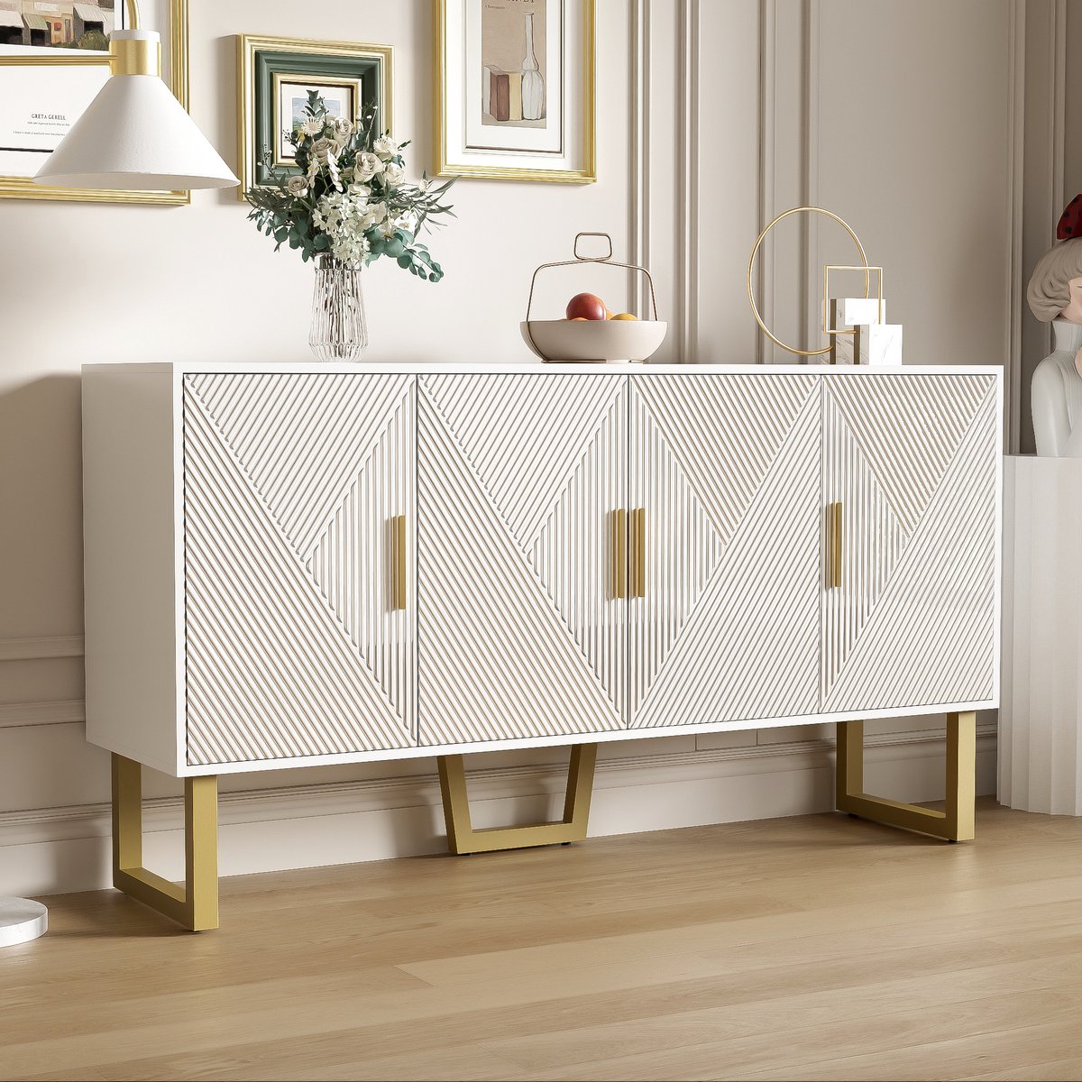 HAUSS SPOLE Dressoirs - Dressoir Met Hoogglanzende Gestructureerde Deuren - Luxe En Modern - Veel Opbergruimte - MDF - Wit - 150x40x82 cm
