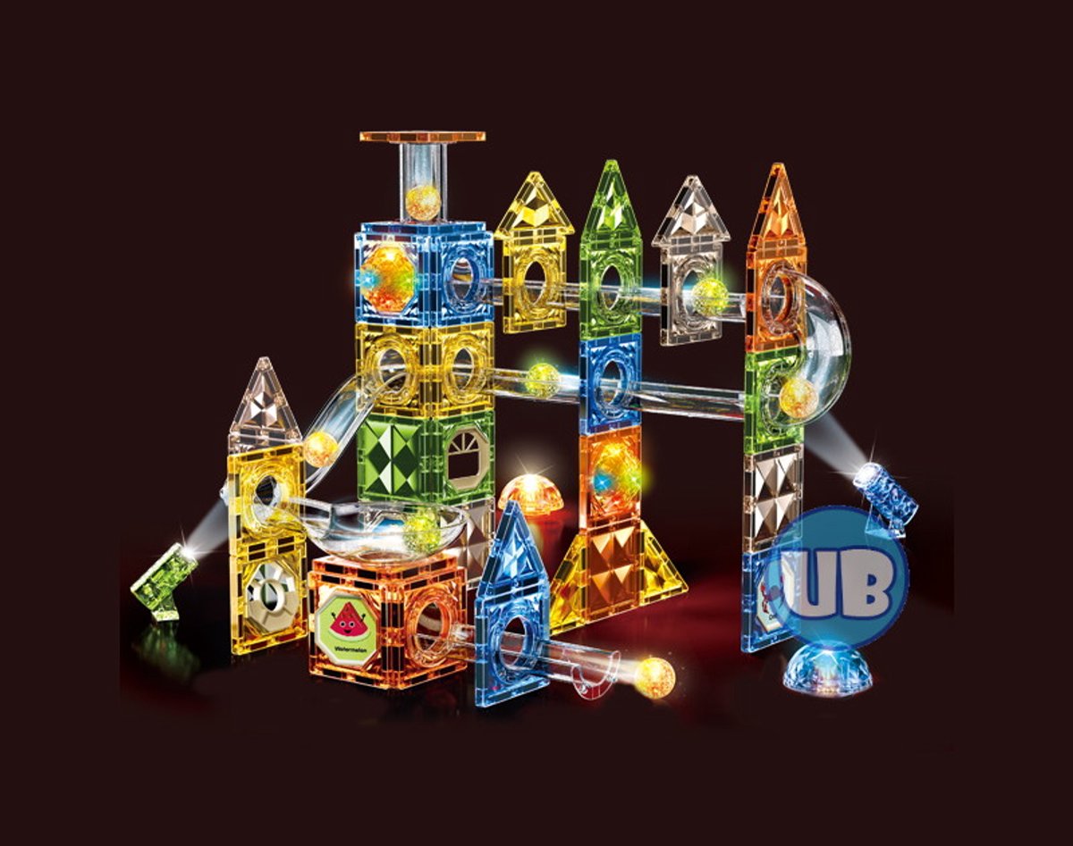 Magnetic Tiles - Knikkerbaan met Discobal en Lichteffect – 105 delig - Magnetische Bouwblokken
