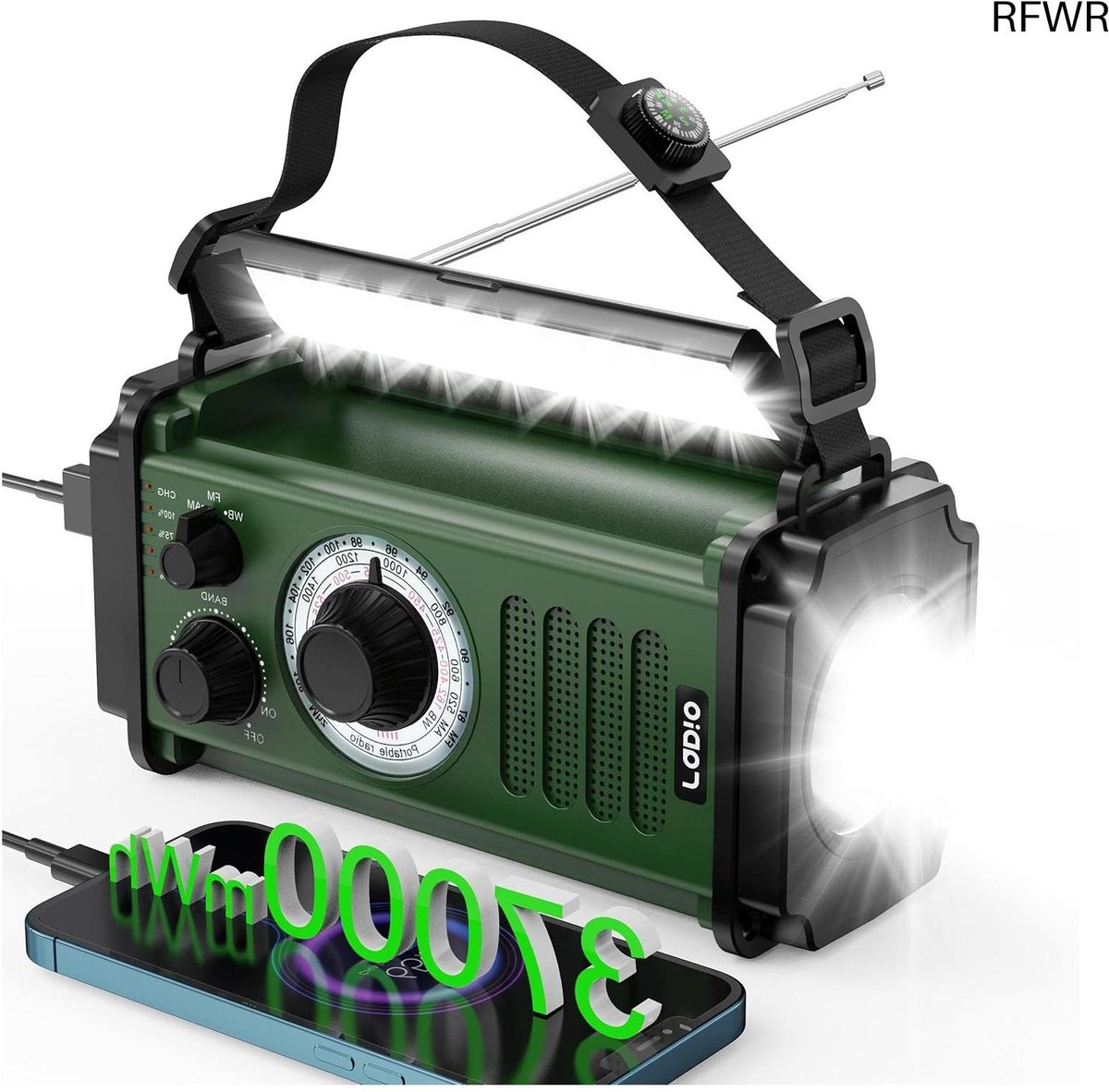 RFWR® Noodradio 10000mAh met Zonnepaneel en Handzwengel - 4 Oplaadmethoden, Zaklamp, SOS Alarm en Telefoonoplader