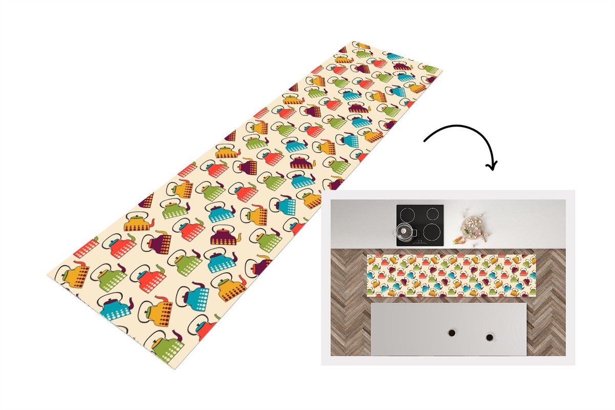 KitchenYeah Keukenloper - Keukenmat vinyl Design - Retro - Theepot - Kleuren - Keukenmatten loper - Keuken vloerkleed tapijt, foto 6