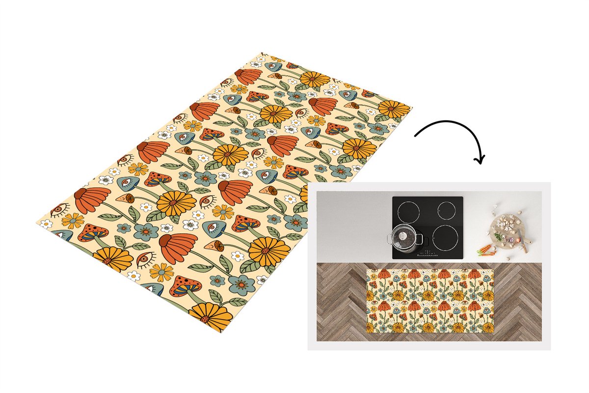 KitchenYeah Keukenloper 120x60 cm - Keukenmat vinyl Patronen - Vintage - Bloemen - Ogen - Keukenmatten loper - Keuken vloerkleed tapijt