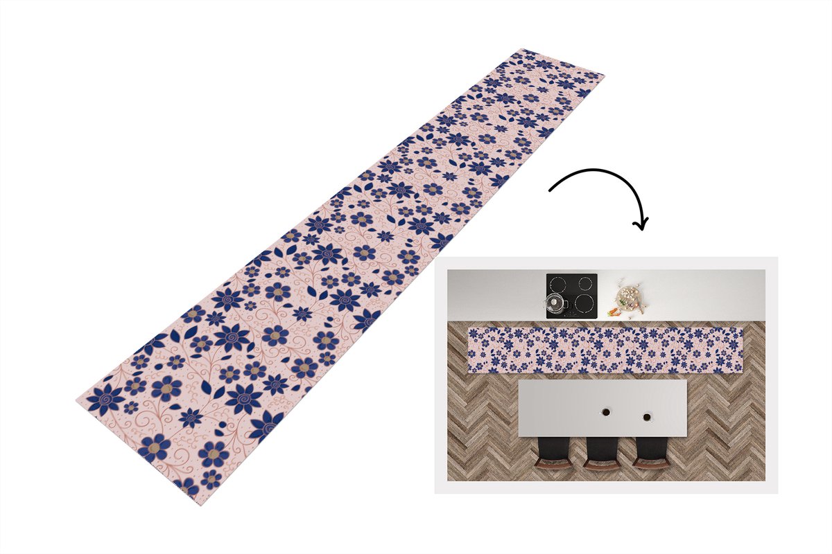 KitchenYeah Keukenloper 360x60 cm - Keukenmat vinyl Bloemen - Blauw - Japan - Patronen - Keukenmatten loper - Keuken vloerkleed tapijt