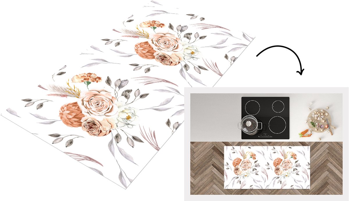 KitchenYeah Keukenloper 120x60 cm - Keukenmat vinyl Patronen - Bloemen - Roos - Wit - Keukenmatten loper - Keuken vloerkleed tapijt Rozen
