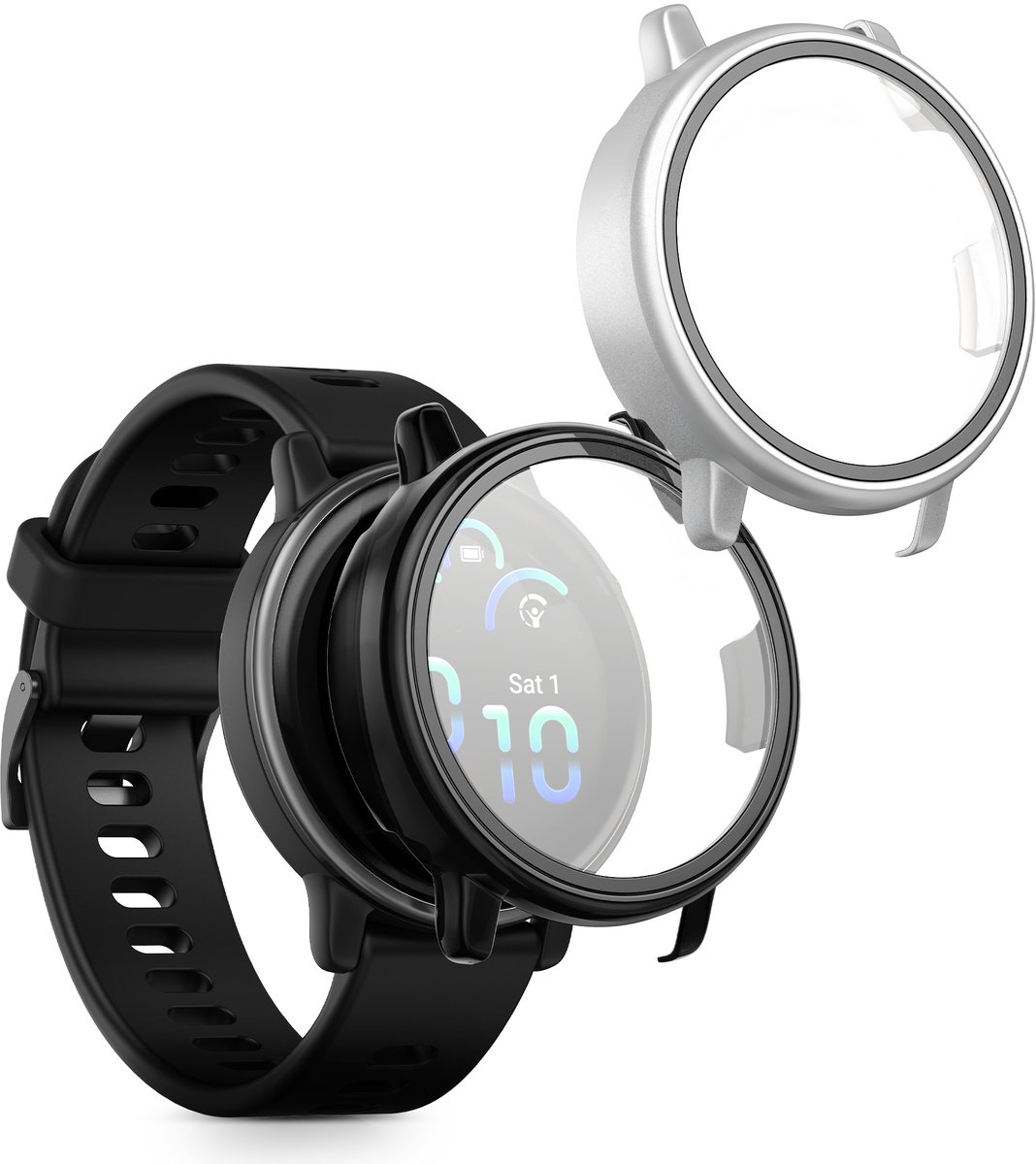 2 Coques De Protection Pour Garmin Vivoactive 6 / Active 6 (42 Mm) - Verre Trempé Et Cadre - Noir Argenté