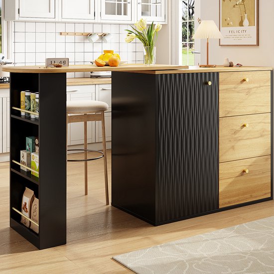 Moderne Beweegbare Bartafel met Opbergruimte, Telescopische Led Statafel, Bistrotafel, Keukeneiland (138-204 x 39 x 105 cm) (Zwart Moderne Beweegbare Bartafel met Opbergruimte, Telescopische Led Statafel, Bistrotafel, Keukeneiland (138-204 x 39 x 105 cm) (Zwart