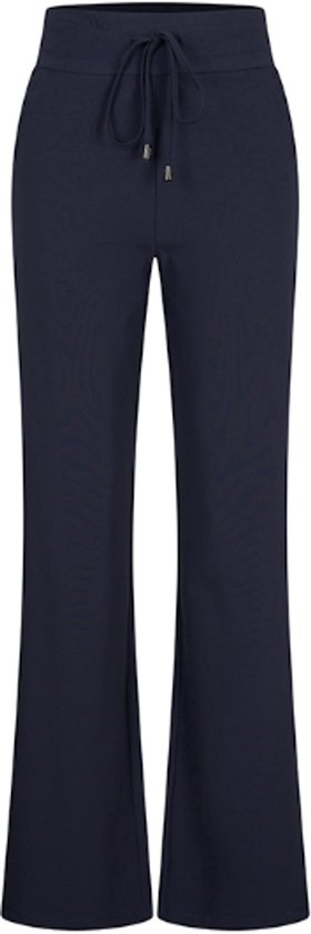 Donkerblauwe broek met hoge taille en trekkoord sluiting, wijduitlopende pijpen.