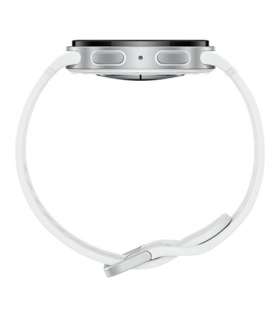 Zij-aanzicht van een witte smartwatch met zilverkleurige kast en band.