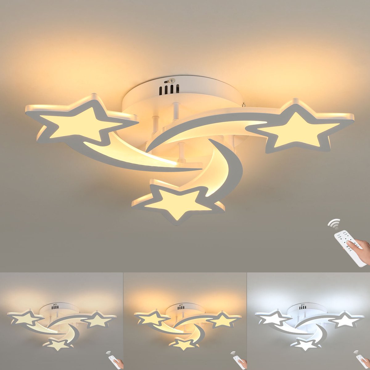 Dimbare LED-plafondlamp, 30W moderne stervormige plafondlamp met 3 koppen, afstandsbediening voor slaapkamer, woonkamer, eetkamer, kinderen