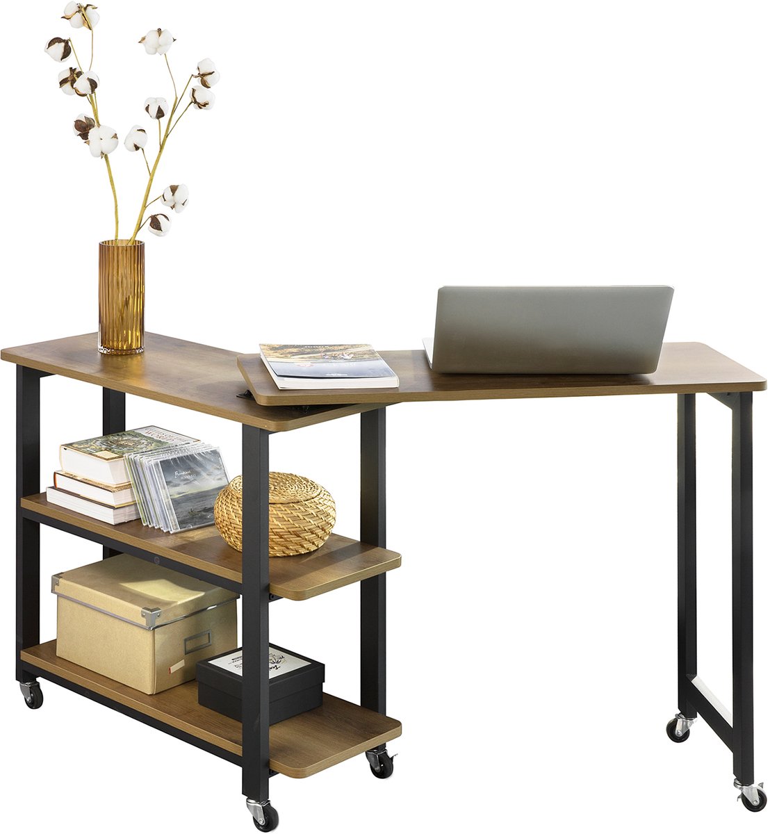 SoBuy FWT83-PF Bijzettafel - Wood Composite Woonkamertafel met Wiel & Planken