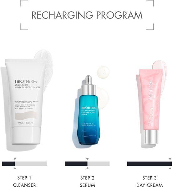 Drie Biotherm skincare producten: reiniger, serum en dagcrème, geordend in stappen.