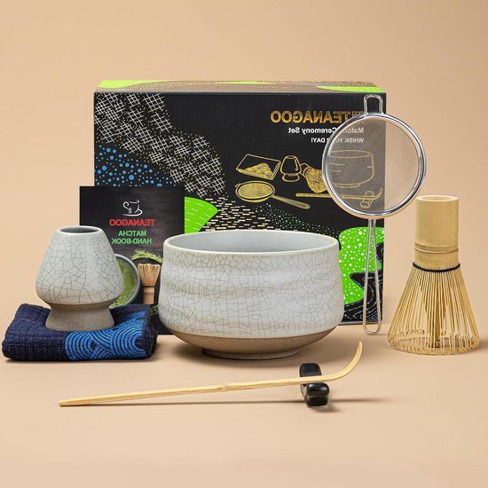 TEANAGOO Japanse theeset, Matcha-garde-set, Matcha-kom bamboe-garde (chasen), schep (chashaku), gardehouder, theeset, N5, Matcha groene theepoeder