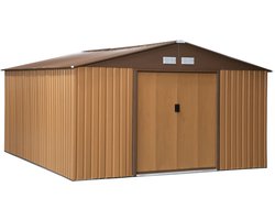 Tuinschuur - 340 x 386 x 200 cm - 20m³ - Gegalvaniseerd Staal - Tuinhuisje - Gereedschapsschuur - Opslagruimte Tuin - Tuingereedschap Bewaren - Buitenschuren - Fietsenberging - Tuinhuis met 4 Ventilatiesleuven en 2 Schuifdeur - Bruin