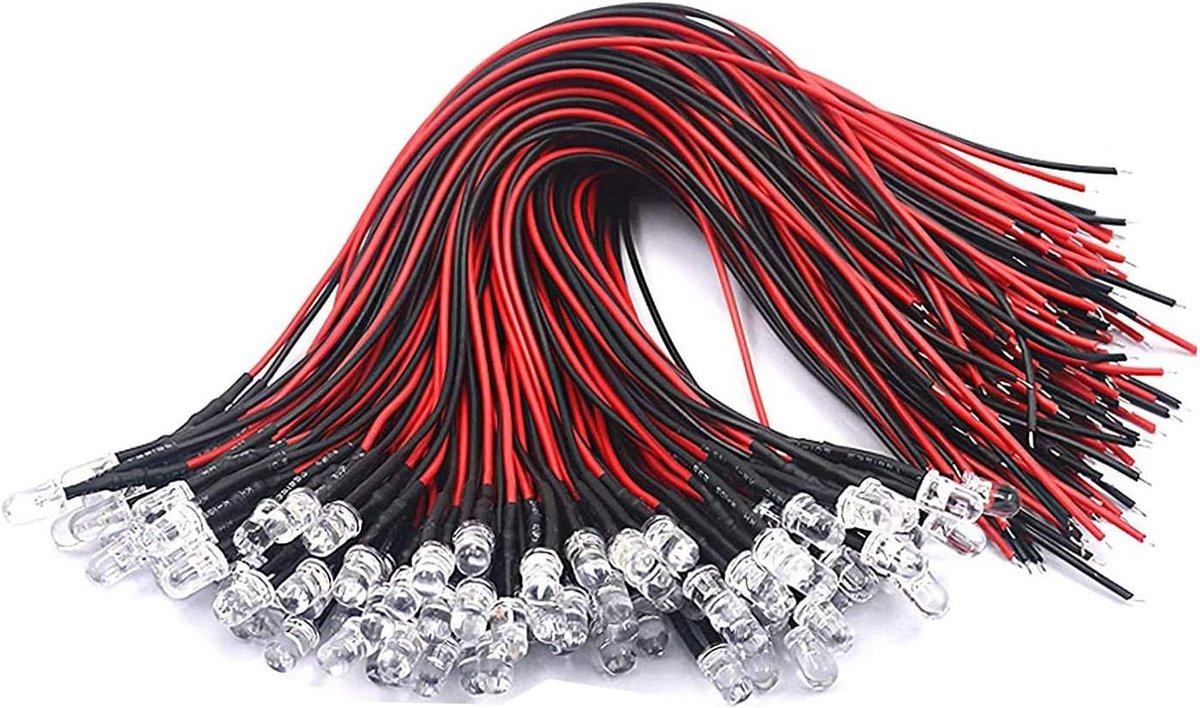 Allecto Plus - LED Diode Licht 12V Warmwit 5mm (50 stuks) + Montageringen - Voorbekabeld 20 cm Kabel