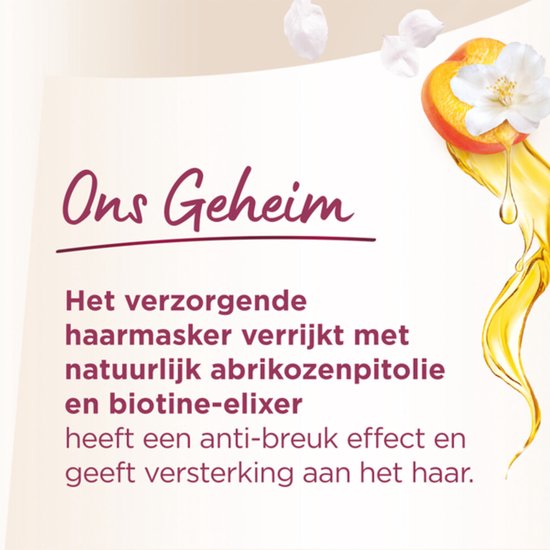 Ons Geheim: verzorgend haarmasker met abrikozenpitolie en biotine-elixer voor anti-breuk effect en glans.