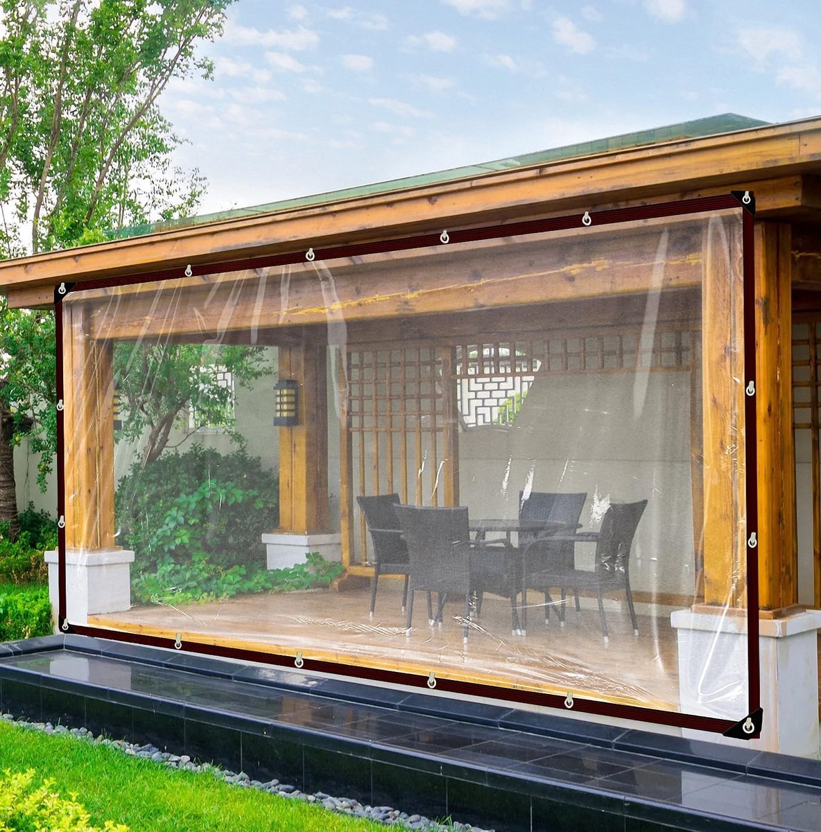Unyqoos® Transparant Waterdicht Dekzeil met Versterkte Randen en Ogen voor Buitenbescherming