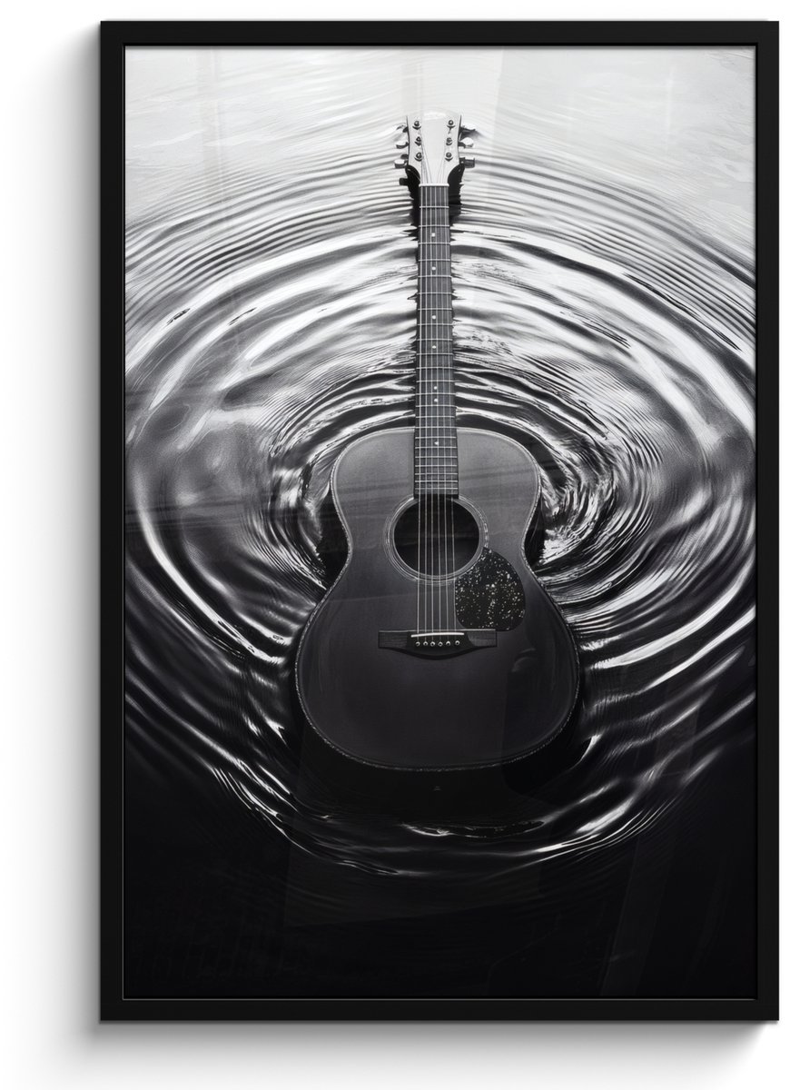 FrameYourWall Poster in lijst - Fotolijst 60x90 cm - Posters - Gitaar - Hout - Water - Posterlijst zwart - Decoratie - Wanddecoratie woonkamer - Muurdecoratie slaapkamer Gitaar - Water