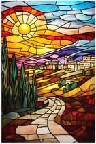 Poster 60x90 cm - Mozaïek - Zon - Landschap - Dorp - Posters - Kamer decoratie - Wanddecoratie woonkamer - Muurdecoratie slaapkamer