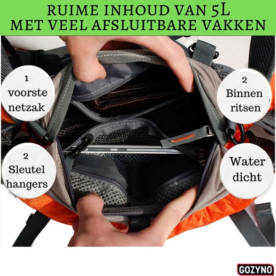 Interieur van de Gozyno heuptas, 5L, met netvak, ritsen, en sleutelhanger.