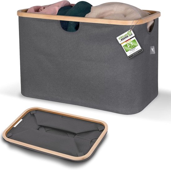 HENNEZ Opvouwbare Wasmand van Stof met Bamboe - Beige/Lichtgrijs, 60 Liter, Draagbaar en Plat