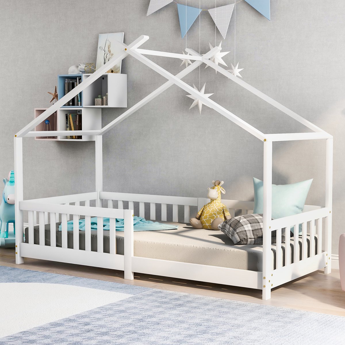 SINGULARITY Kinderbed - massief hout - met hek en lattenbodem - Wit - 90x200 cm - Zonder matras