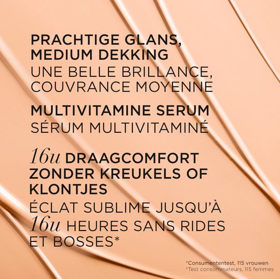 Prachtige glans, medium dekking, 16u draagcomfort zonder kreukels of klontjes. Multivitamine serum.